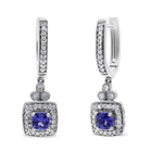 14K White Gold 4x4 mm Cushion Shaped Blue Tanzanite and 1/3 Cttw Diamond Halo 1" Inch Drop and Dangle Earrings (J-K Color, SI2-I1 Clarity) - Stormyjay