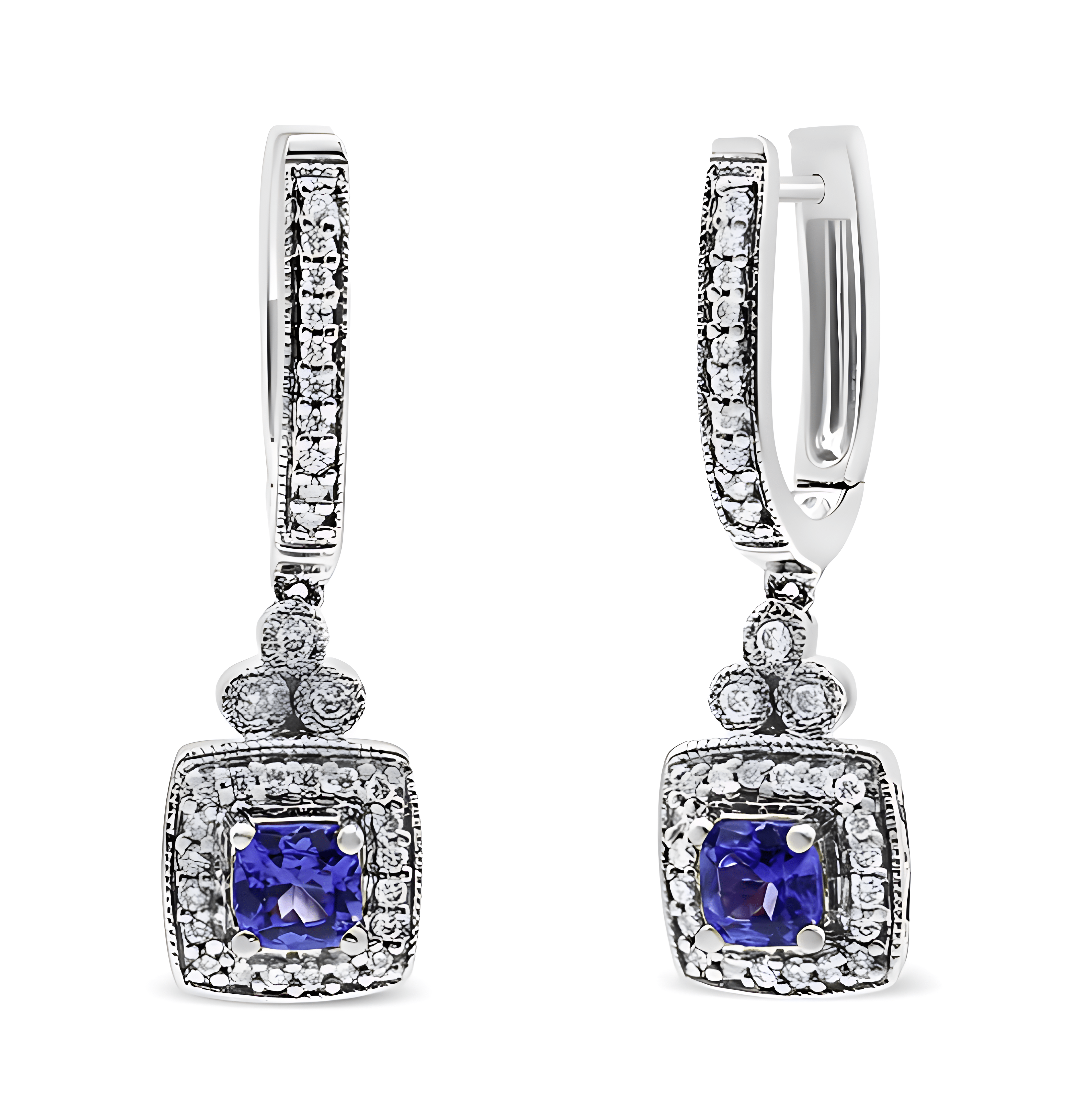 14K White Gold 4x4 mm Cushion Shaped Blue Tanzanite and 1/3 Cttw Diamond Halo 1" Inch Drop and Dangle Earrings (J-K Color, SI2-I1 Clarity) - Stormyjay