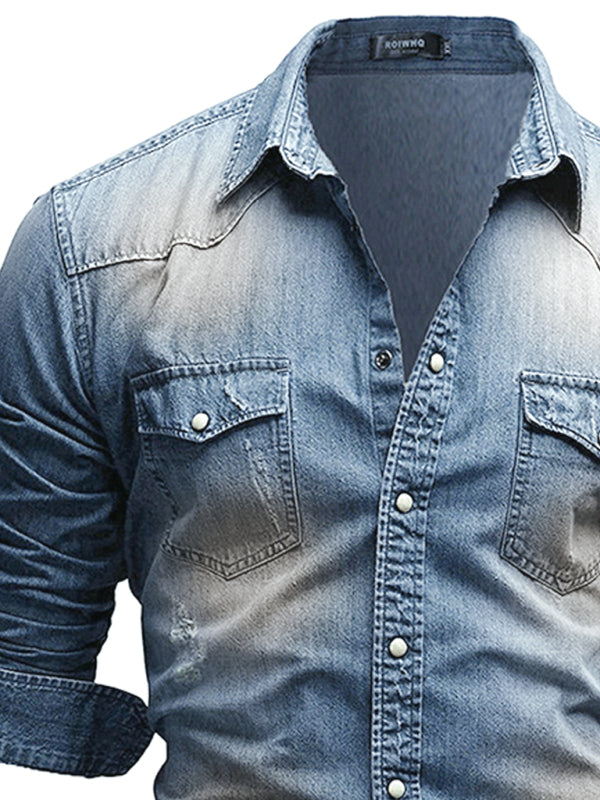 Casual Men's Double Pocket Men's Casual Long Sleeve Denim Shirt Jacket - Stormyjay