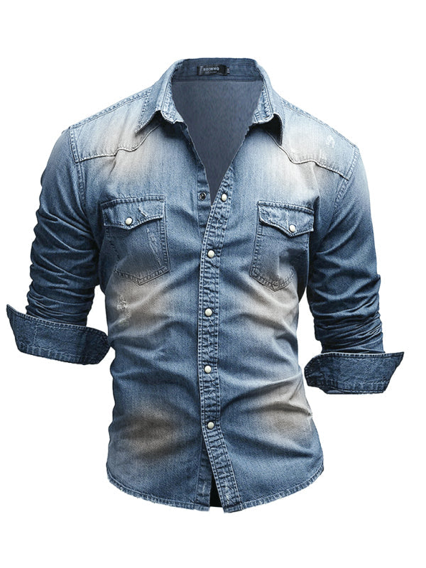 Casual Men's Double Pocket Men's Casual Long Sleeve Denim Shirt Jacket - Stormyjay