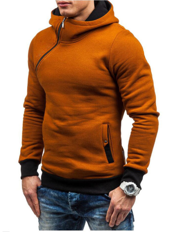 Men's diagonal zipper solid color long-sleeved hoodie - Stormyjay