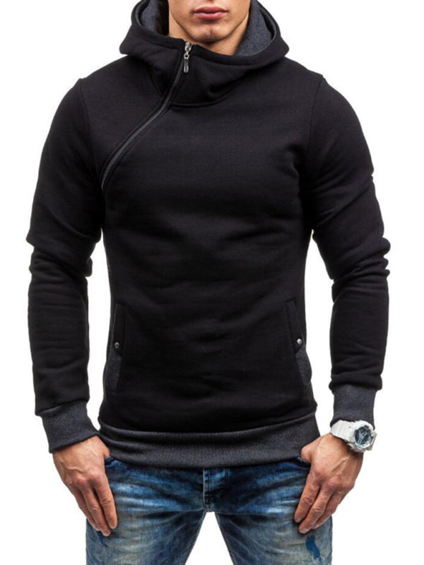 Men's diagonal zipper solid color long-sleeved hoodie - Stormyjay