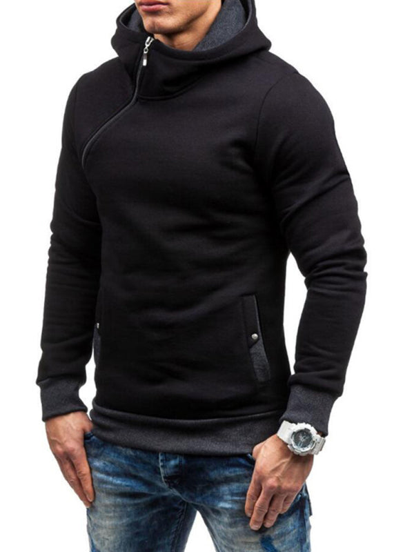 Men's diagonal zipper solid color long-sleeved hoodie - Stormyjay