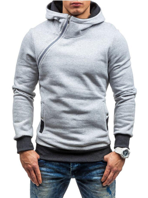 Men's diagonal zipper solid color long-sleeved hoodie - Stormyjay