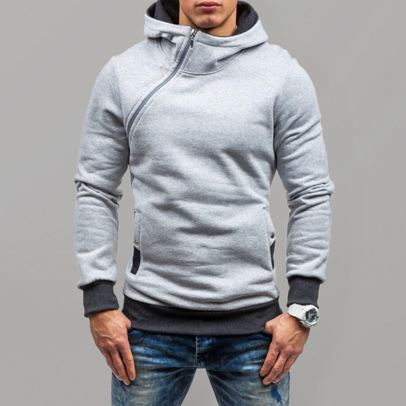 Men's diagonal zipper solid color long-sleeved hoodie - Stormyjay