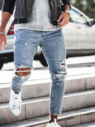 Men's solid casual ripped pencil jeans - Stormyjay