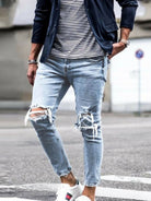 Men's solid casual ripped pencil jeans - Stormyjay