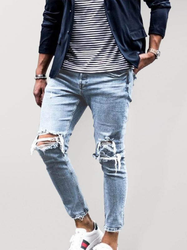 Men's solid casual ripped pencil jeans - Stormyjay