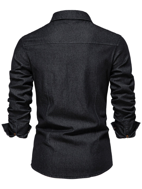 Denim non-iron shirt men's casual solid color non-iron men's long-sleeved shirt - Stormyjay