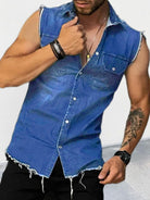 Men's Denim Lapel Sleeveless Shirt Top - Stormyjay