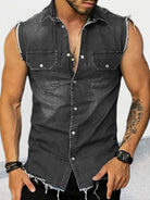 Men's Denim Lapel Sleeveless Shirt Top - Stormyjay