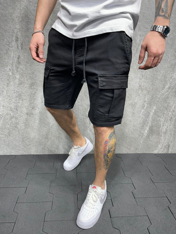 Street solid color casual five-point pants woven casual multi-pocket tether cargo shorts - Stormyjay