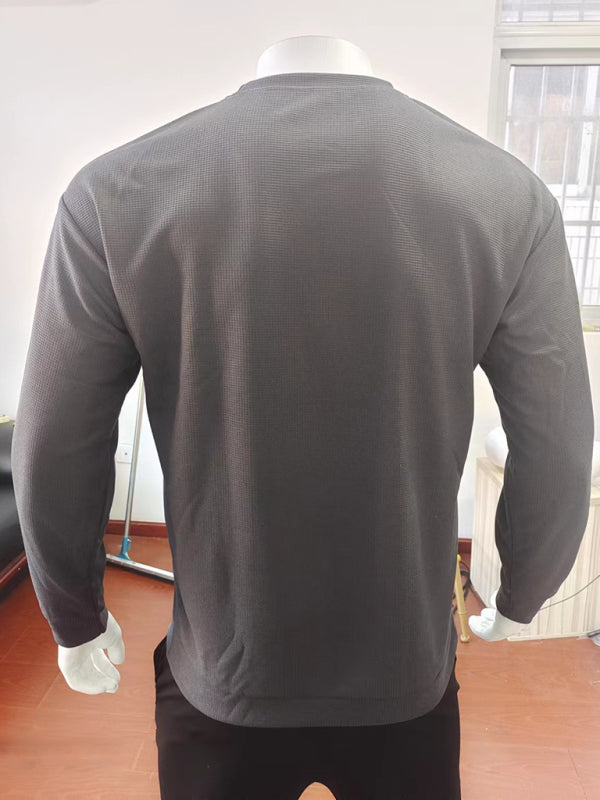 New men's solid color waffle all-match thin round neck long-sleeved sweater - Stormyjay