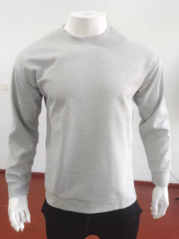 New men's solid color waffle all-match thin round neck long-sleeved sweater - Stormyjay