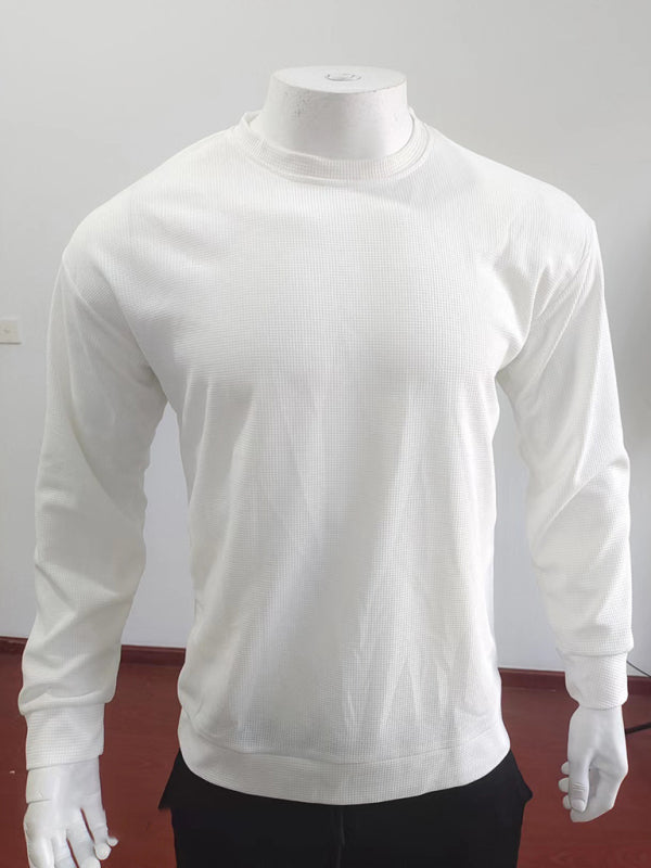 New men's solid color waffle all-match thin round neck long-sleeved sweater - Stormyjay