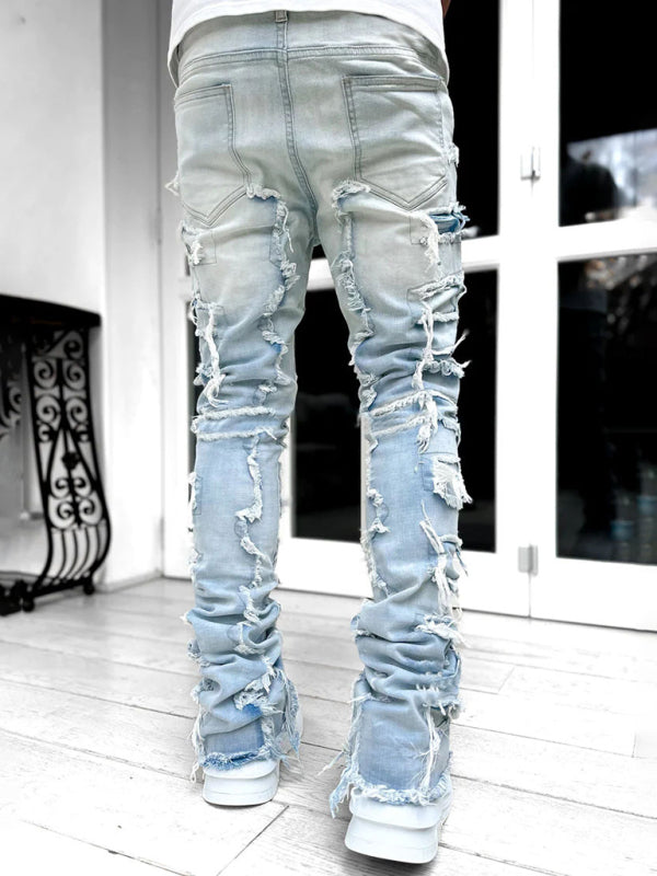 Men's new stretch patch denim straight pants - Stormyjay