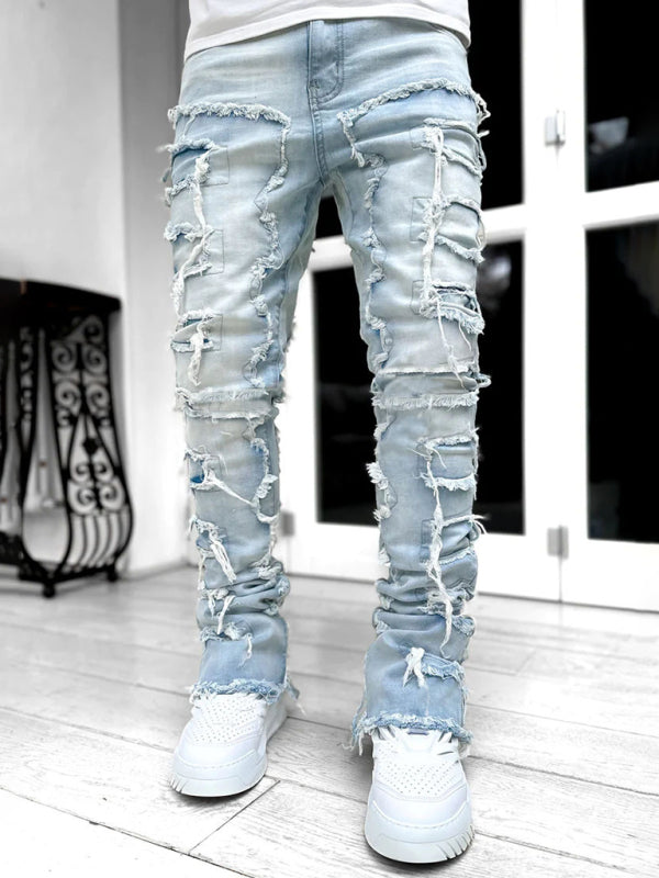 Men's new stretch patch denim straight pants - Stormyjay