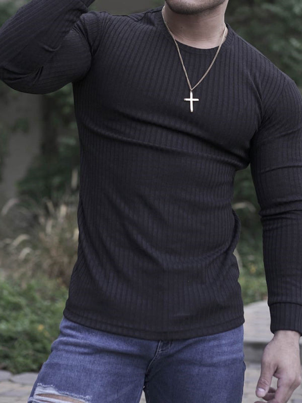 Fitness casual elastic vertical stripe round neck long-sleeved T-shirt - Stormyjay