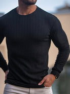 Fitness casual elastic vertical stripe round neck long-sleeved T-shirt - Stormyjay