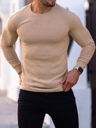 Fitness casual elastic vertical stripe round neck long-sleeved T-shirt - Stormyjay