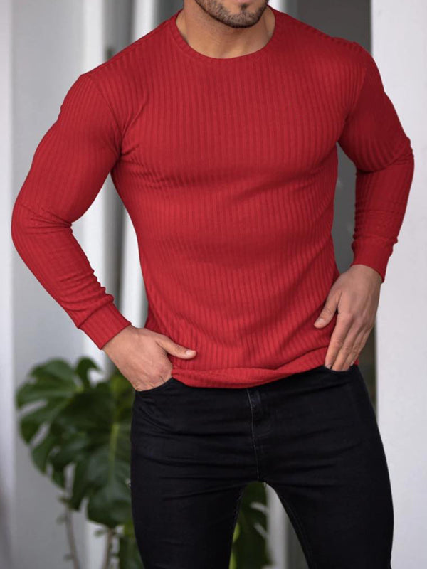 Fitness casual elastic vertical stripe round neck long-sleeved T-shirt - Stormyjay