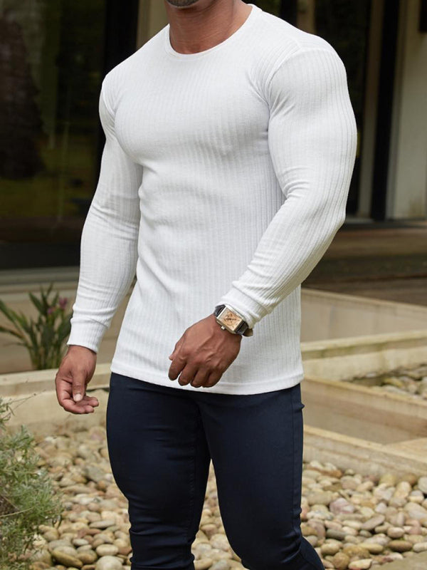 Fitness casual elastic vertical stripe round neck long-sleeved T-shirt - Stormyjay