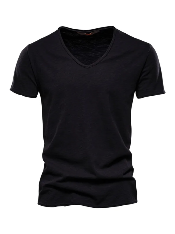 Men's New Solid Color Slub Cotton V-Neck Short Sleeve T-Shirt - Stormyjay