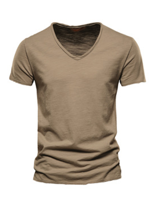 Men's New Solid Color Slub Cotton V-Neck Short Sleeve T-Shirt - Stormyjay