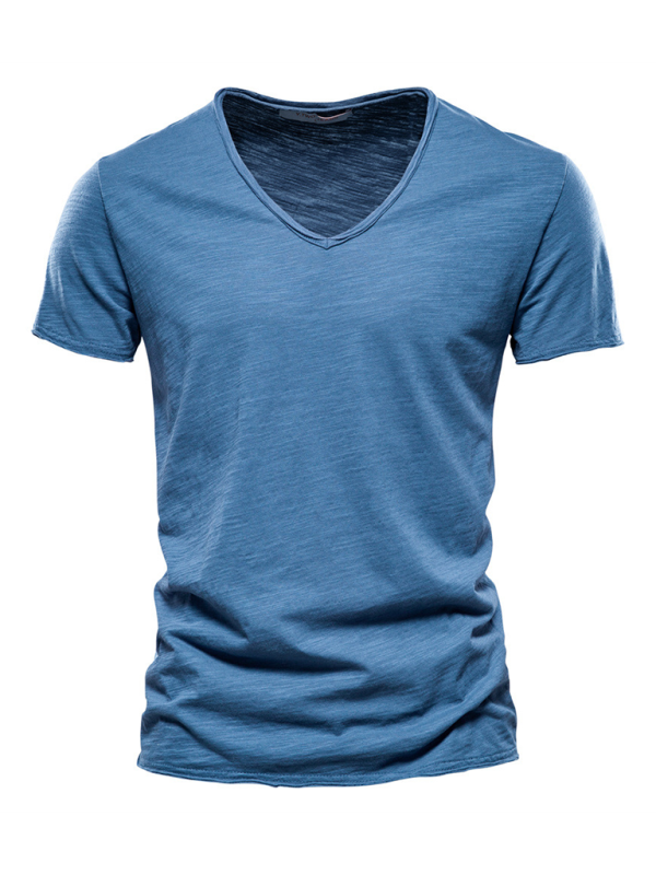 Men's New Solid Color Slub Cotton V-Neck Short Sleeve T-Shirt - Stormyjay