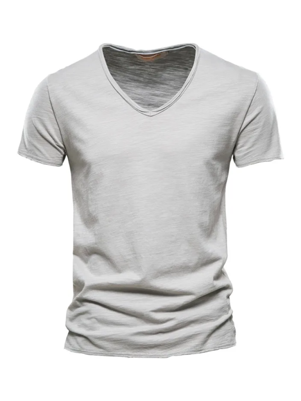 Men's New Solid Color Slub Cotton V-Neck Short Sleeve T-Shirt - Stormyjay