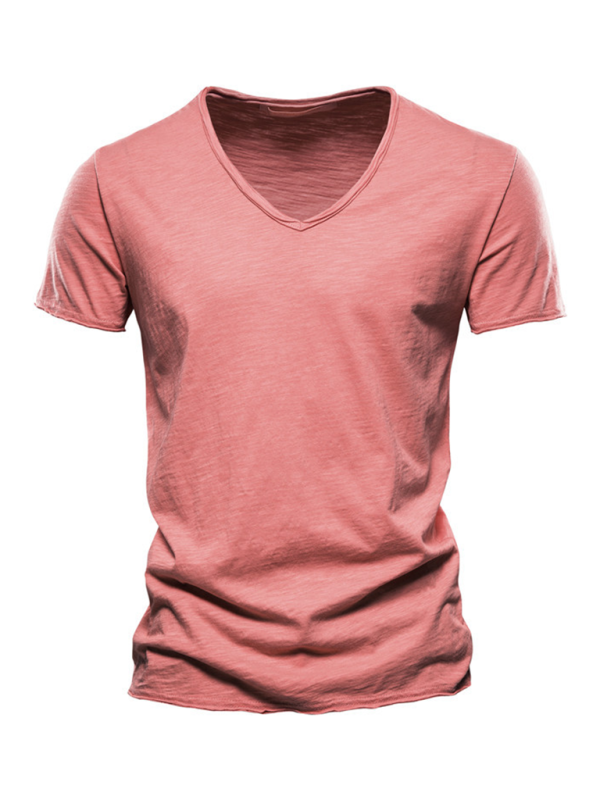 Men's New Solid Color Slub Cotton V-Neck Short Sleeve T-Shirt - Stormyjay