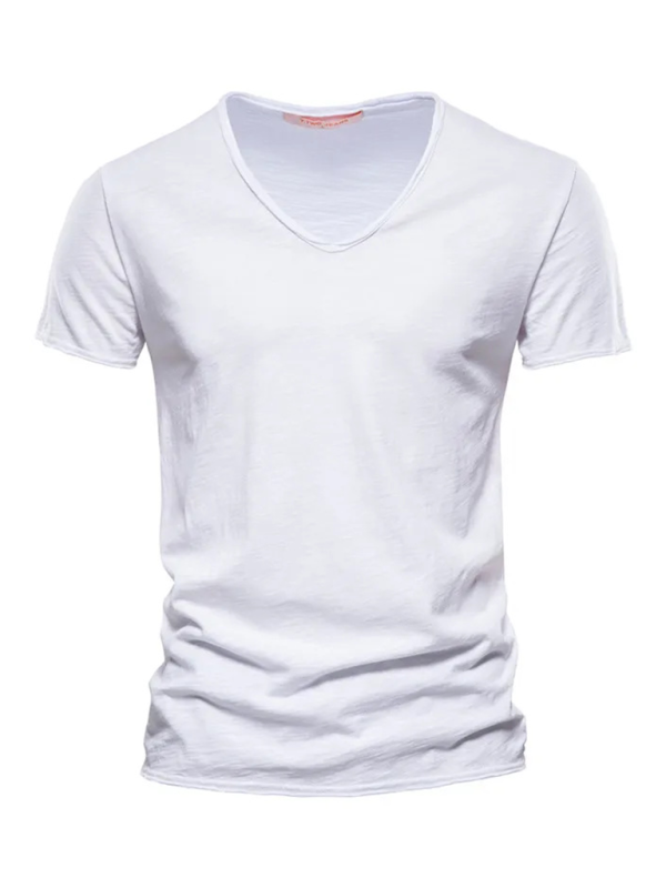 Men's New Solid Color Slub Cotton V-Neck Short Sleeve T-Shirt - Stormyjay