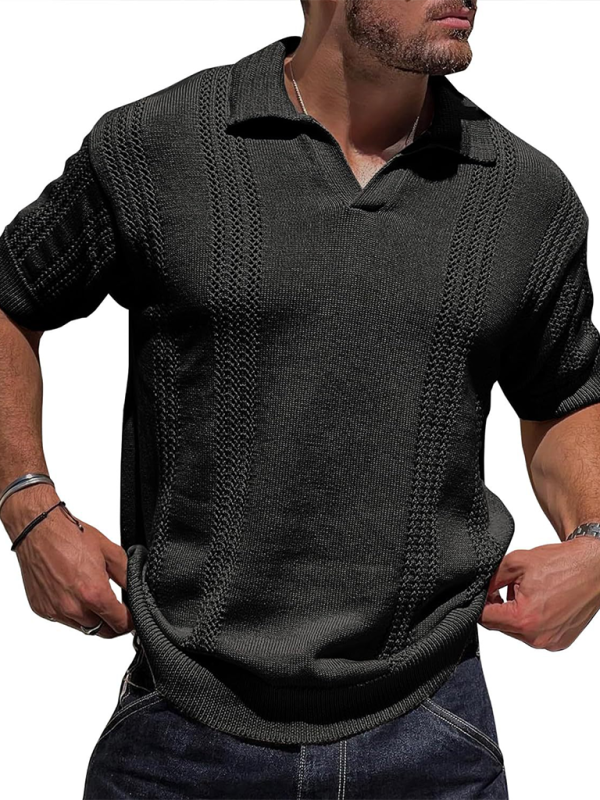 Men's Knitted POLO Shirt Short Sleeve V-Neck Loose Solid Color Top - Stormyjay