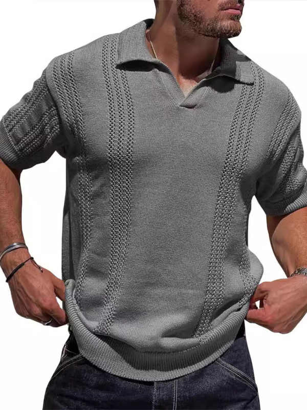 Men's Knitted POLO Shirt Short Sleeve V-Neck Loose Solid Color Top - Stormyjay