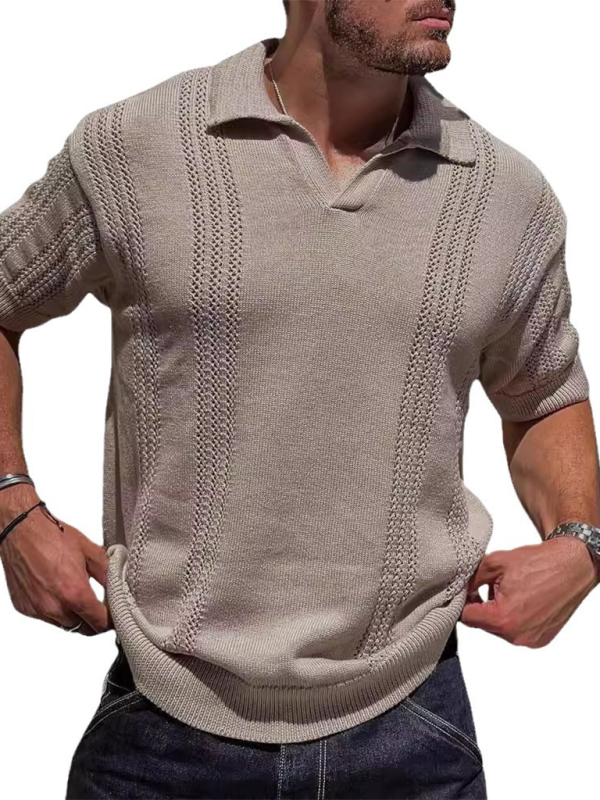 Men's Knitted POLO Shirt Short Sleeve V-Neck Loose Solid Color Top - Stormyjay