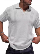 Men's Knitted POLO Shirt Short Sleeve V-Neck Loose Solid Color Top - Stormyjay