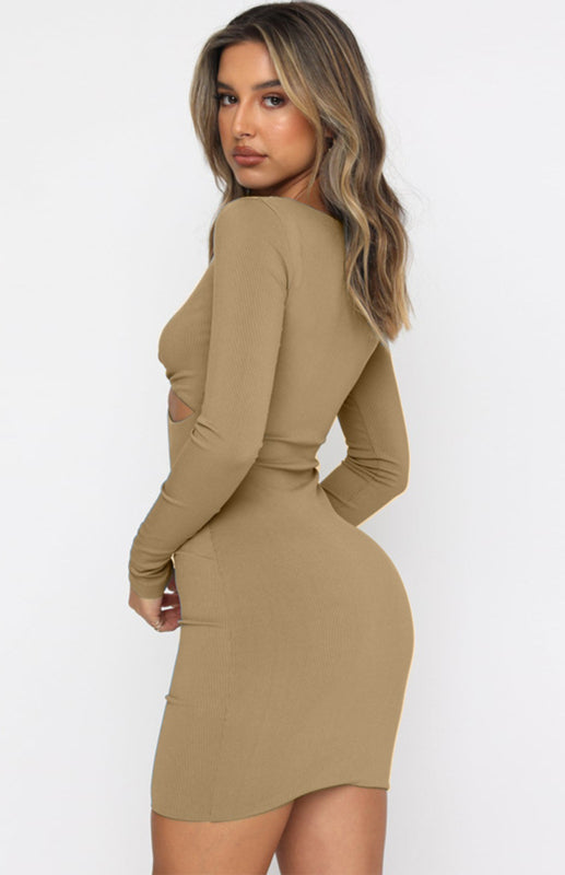 Sexy Deep V-Neck Hollow Slim Long Sleeve Dress Cocktail Party Dress - Stormyjay