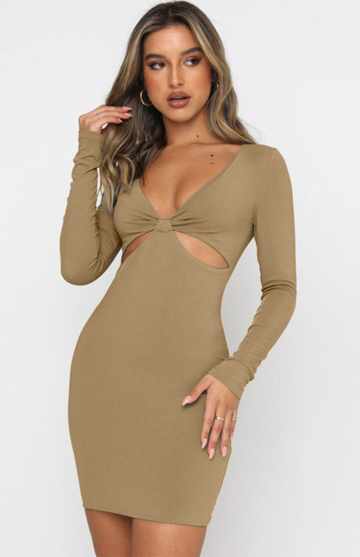 Sexy Deep V-Neck Hollow Slim Long Sleeve Dress Cocktail Party Dress - Stormyjay