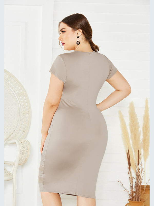 Women's Plus Size Solid Color Round Neck Short Sleeve Dress - Stormyjay