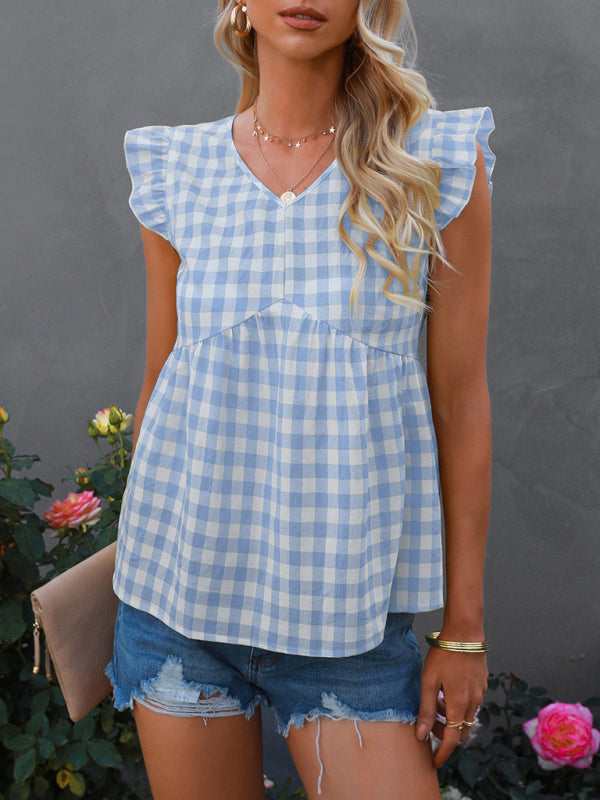 Women's V-neck sleeveless Plaid top - Stormyjay