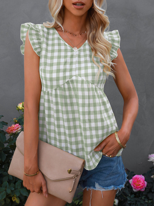 Women's V-neck sleeveless Plaid top - Stormyjay