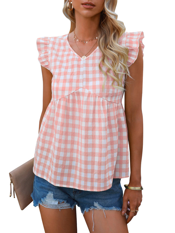 Women's V-neck sleeveless Plaid top - Stormyjay