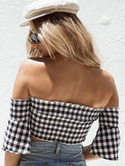 Women's word -shoulder flared sleeve grid tube top top - Stormyjay