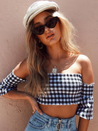 Women's word -shoulder flared sleeve grid tube top top - Stormyjay