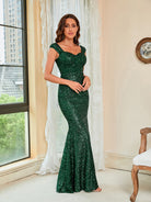 Woman'S Sequin Temperament Green Sling Mid Waist Party Long Floor Dress - Stormyjay