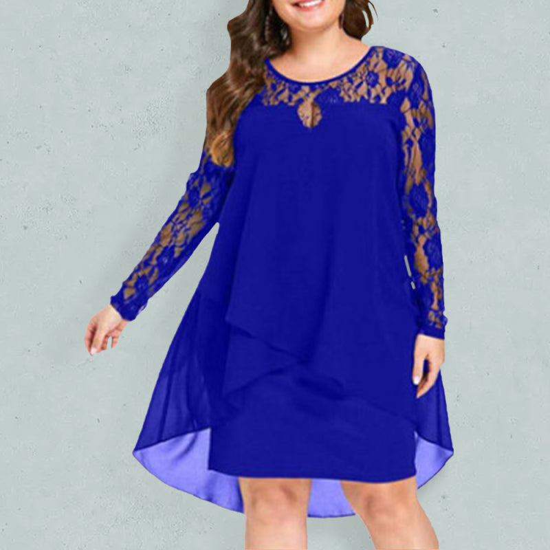 Plus size lace sleeve long sleeve splicing round neck irregular chiffon dress - Stormyjay