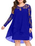 Plus size lace sleeve long sleeve splicing round neck irregular chiffon dress - Stormyjay