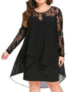 Plus size lace sleeve long sleeve splicing round neck irregular chiffon dress - Stormyjay