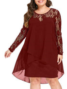 Plus size lace sleeve long sleeve splicing round neck irregular chiffon dress - Stormyjay