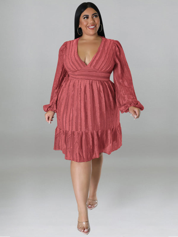 Plus size jacquard V-neck striped long-sleeved dress - Stormyjay